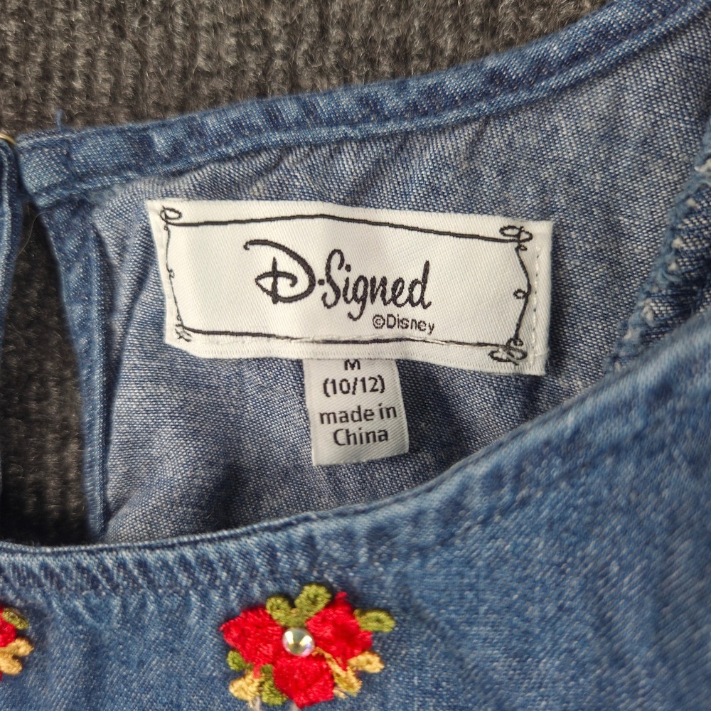 D-Signed Disney Girls Blue Chambray Denim Ruffle Floral Dress Size M 10/12